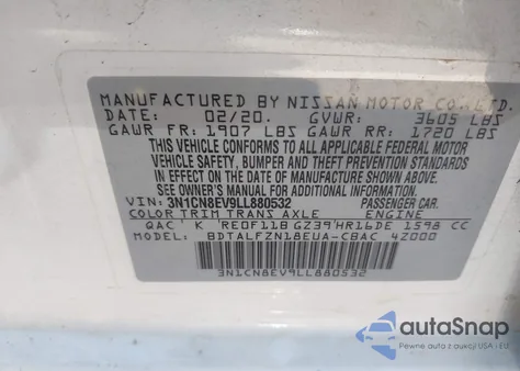 2020 Nissan Versa Sv Xtronic Cvt from USA, damaged, VIN 3N1CN8EV9LL880532